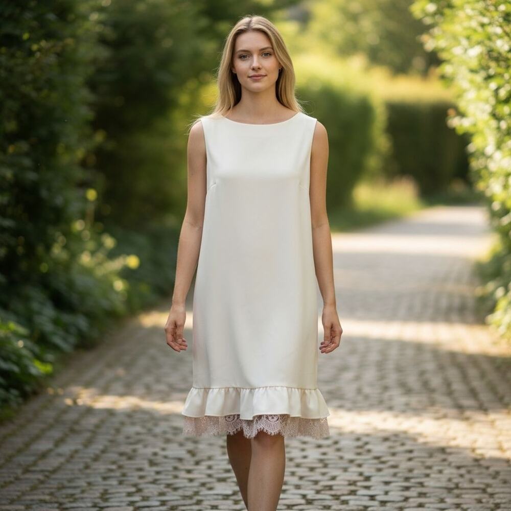CALVIN KLEIN | NWT White Sleeveless Dress Gold Zipper Ruffle Lace Accents | 12‎